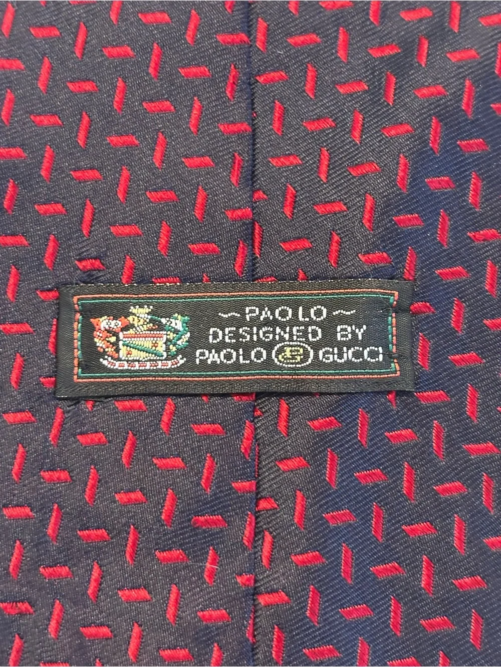Paolo Designed by Paolo Gucci Vintage Silk Navy Blue Tie with Red Dash Pattern